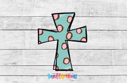 Polka Dot Cross UV DTF transfer artwork on a gray wood background