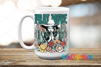 Pray More UV DTF transfer on a white ceramic coffee mug