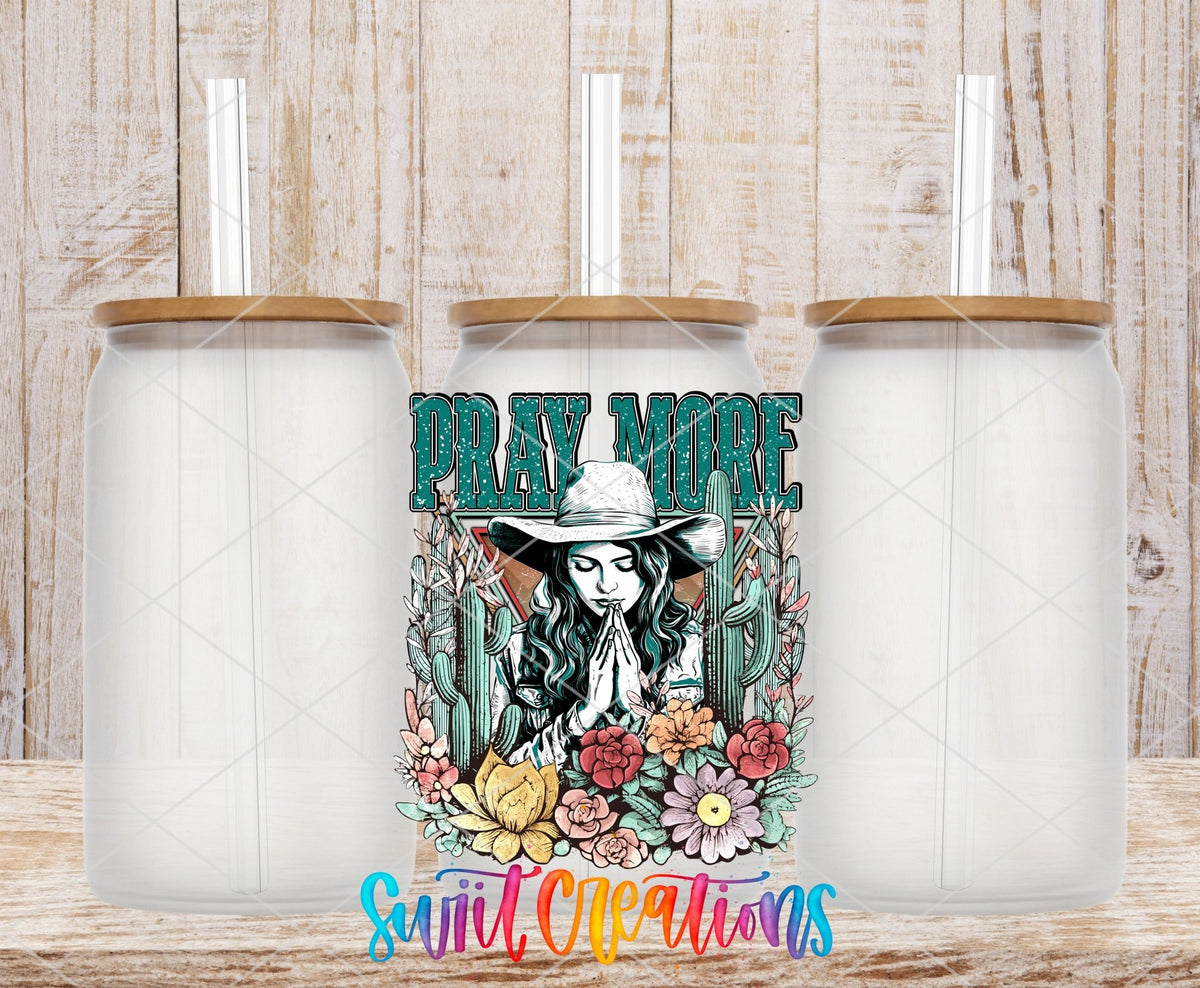 Pray More UV DTF transfer on frosted glass cans with bamboo lids