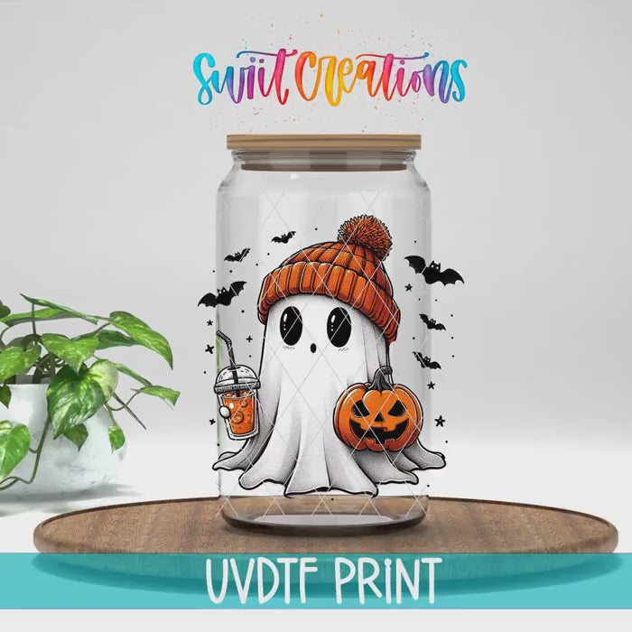 Video of the Ghostie Pumpkin Drink UV DTF transfer