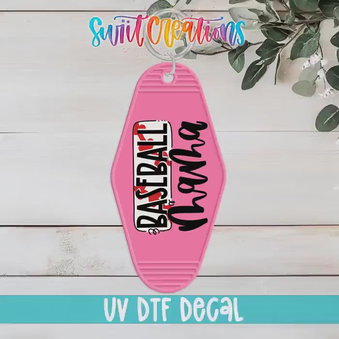 Video of the Baseball Mama motel keychain UV DTF transfer