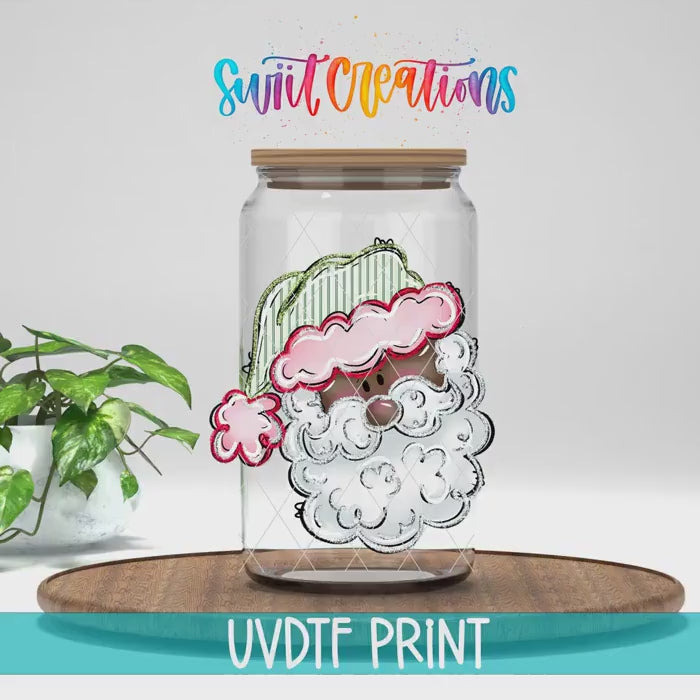 Video of the Pink and Green Santa Face UV DTF transfer