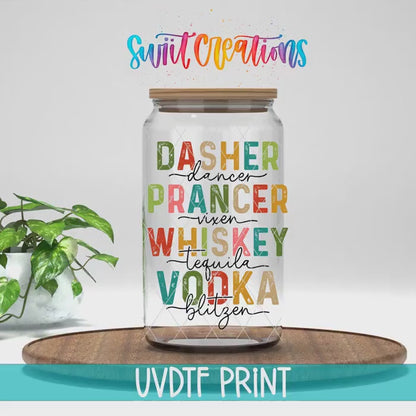 Video of the Dasher Dancer Prancer Whiskey UV DTF transfer