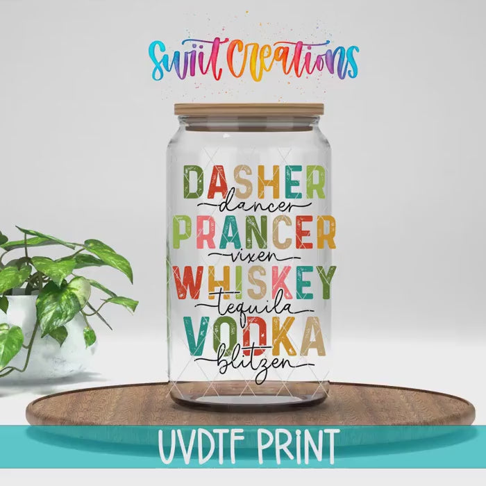 Video of the Dasher Dancer Prancer Whiskey UV DTF transfer