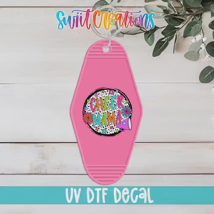 Video of the Cheer Mama motel keychain UV DTF transfer