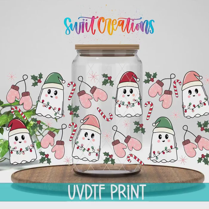 Video of the Pink Christmas Ghosts UV DTF full wrap