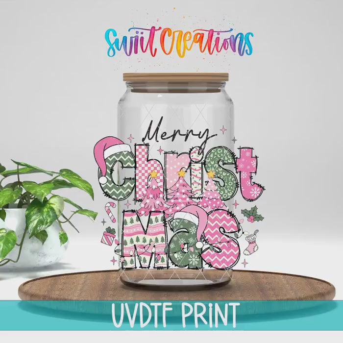 Video of the Merry Christmas Pink Patchwork UV DTF transfer