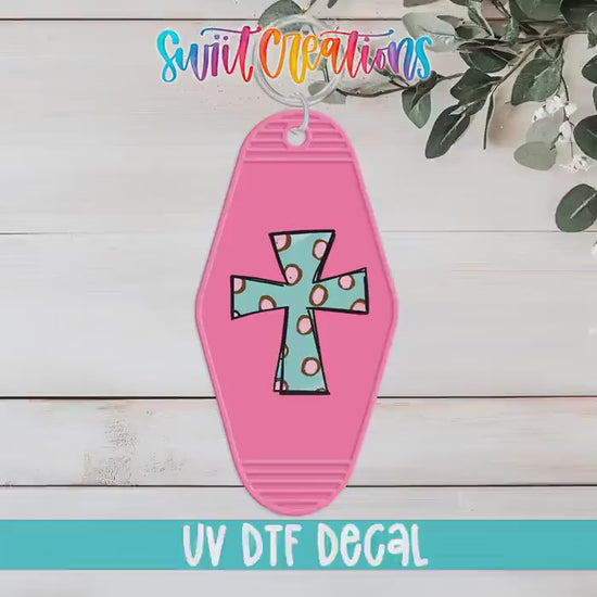 Video of the Polka Dot Cross motel keychain UV DTF transfer