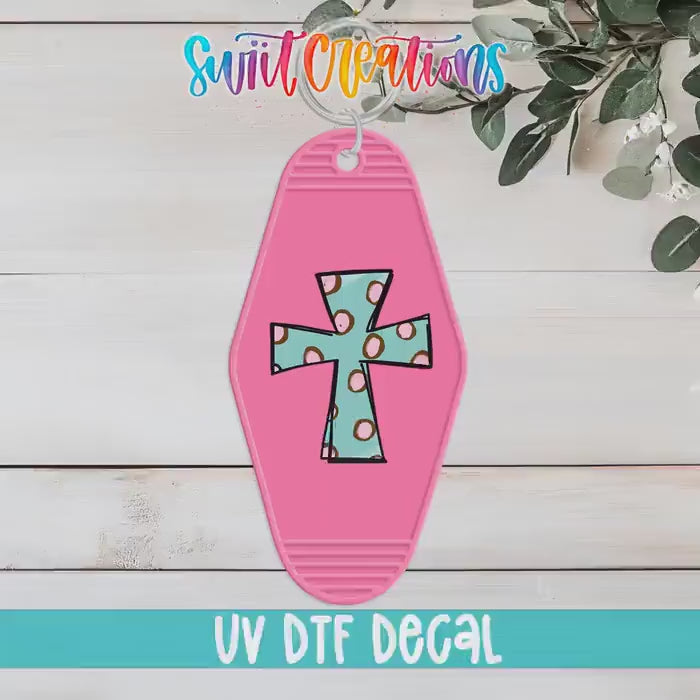 Video of the Polka Dot Cross motel keychain UV DTF transfer