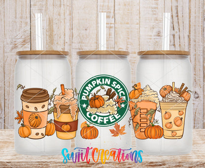 Pumpkin Spice Coffee UV DTF full wrap on three clear glass cans with bamboo lids