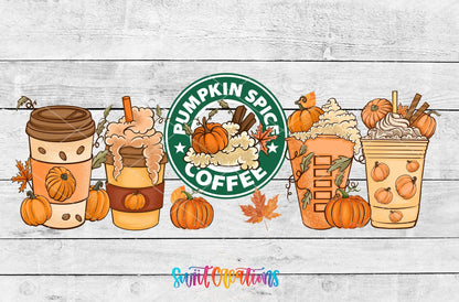 Pumpkin Spice Coffee UV DTF full wrap artwork on a white wood background