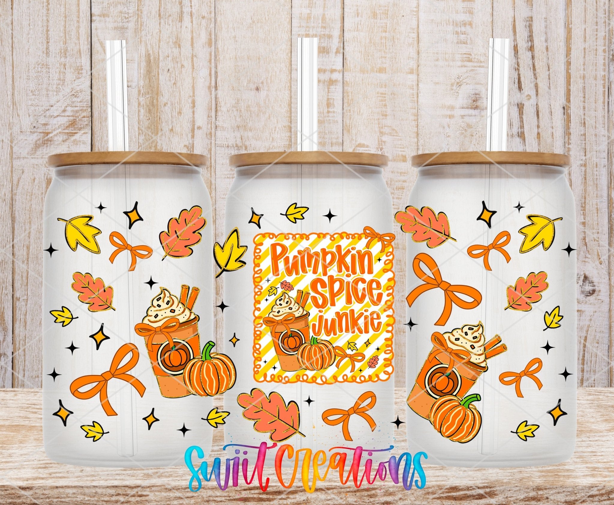 Pumpkin Spice Junkie UV DTF Transfer Tumbler Wrap | Fall Coffee Pumpkin Bow Cup Decal | DTF272 - Swiit Creations