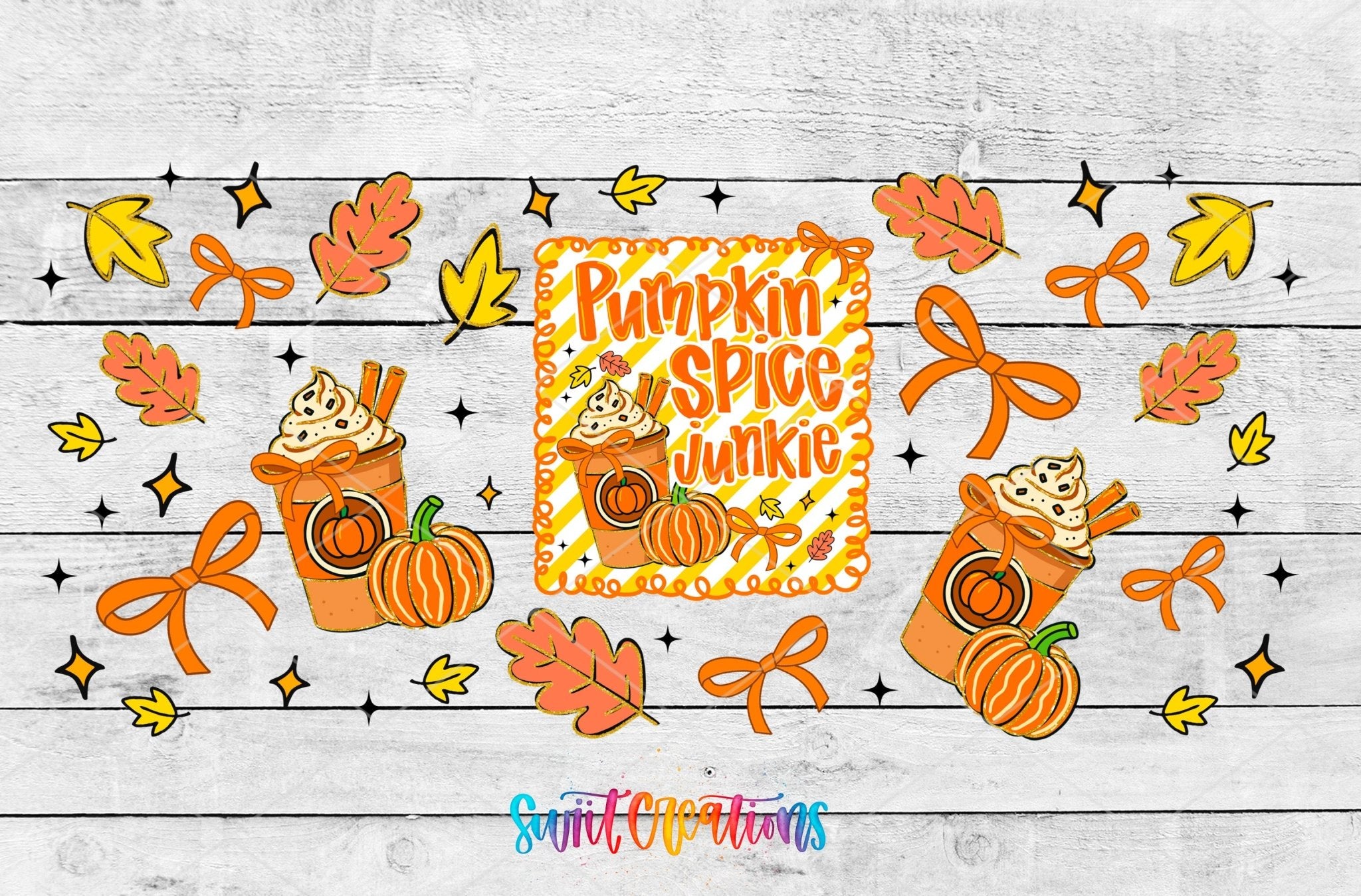 Pumpkin Spice Junkie UV DTF Transfer Tumbler Wrap | Fall Coffee Pumpkin Bow Cup Decal | DTF272 - Swiit Creations