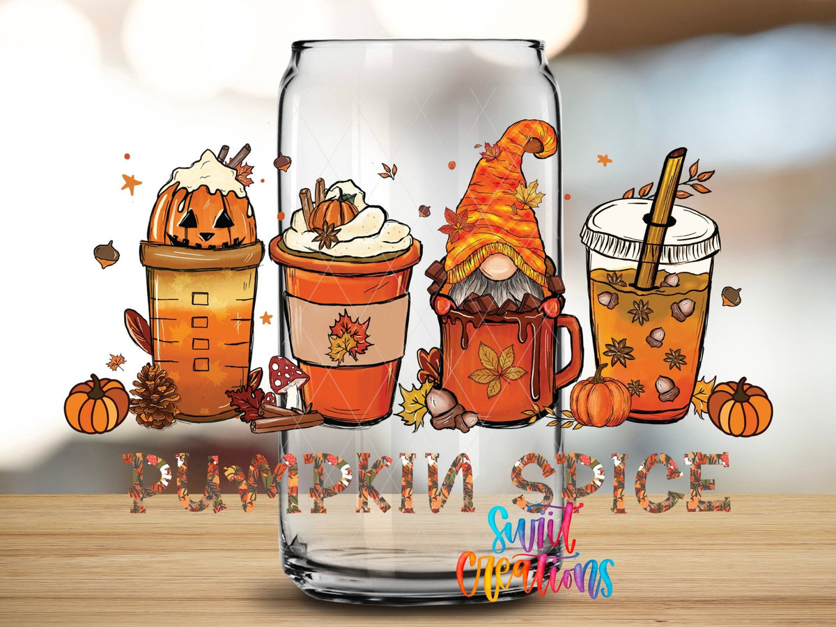 Close-up of the Pumpkin Spice UV DTF wrap on a clear glass can