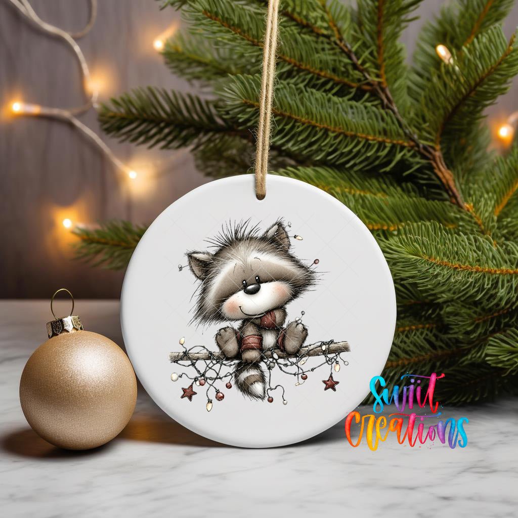 Raccoon With Lights Christmas UV DTF Ornament Transfer | O-1776 - Swiit Creations