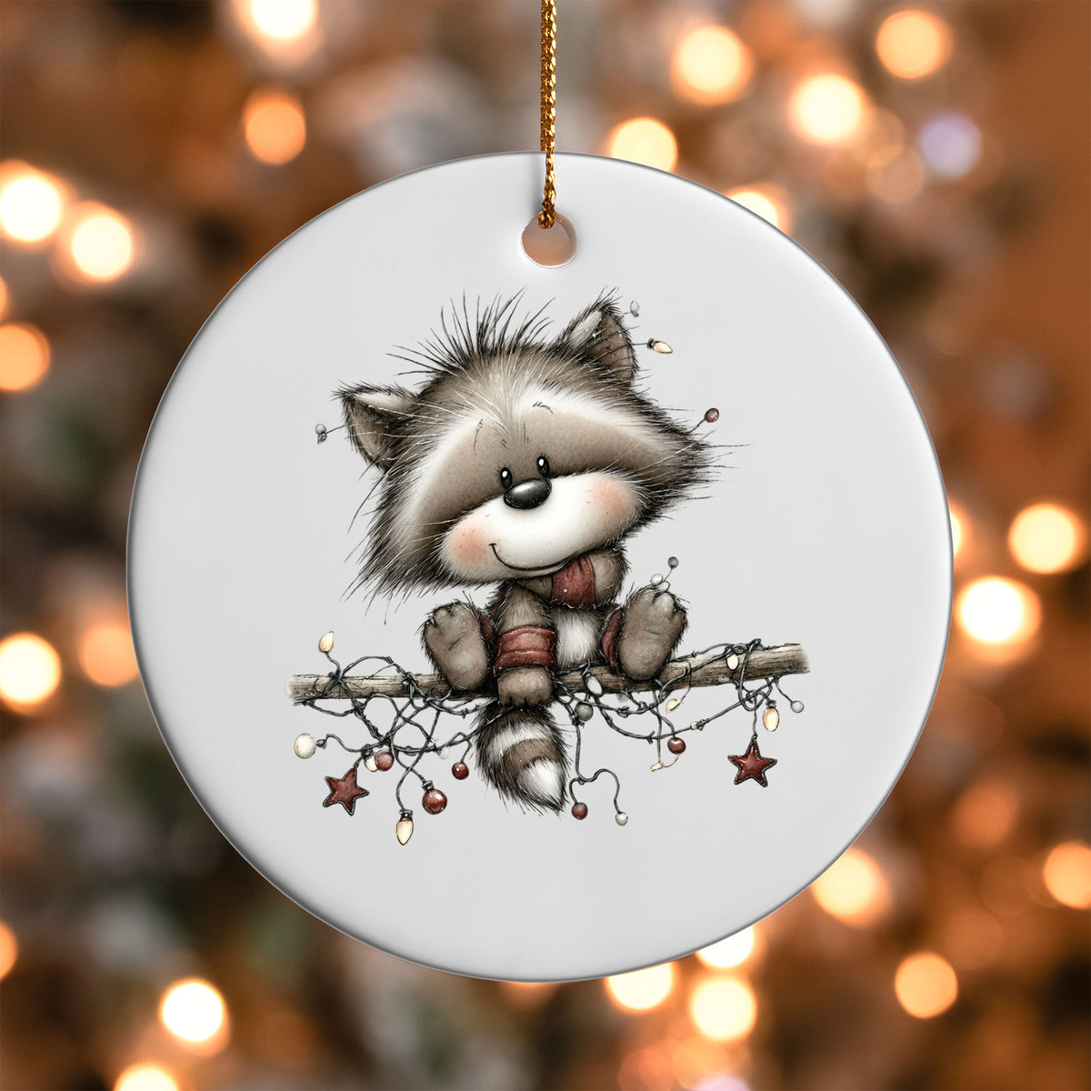 Raccoon with Lights ornament UV DTF transfer on a round white ornament with a bokeh light background