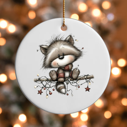 Raccoon with Lights ornament UV DTF transfer on a round white ornament with a bokeh light background
