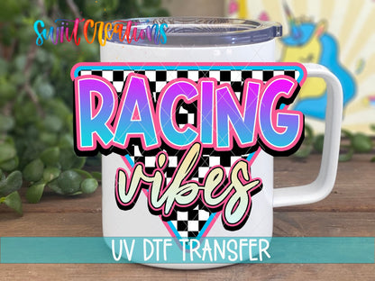 Swiit Creations Racing Vibes UV DTF transfer displayed on a white coffee mug