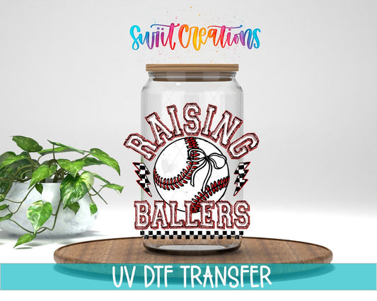 Raising Ballers Baseball UV DTF transfer displayed on a clear jar mockup from Swiit Creations