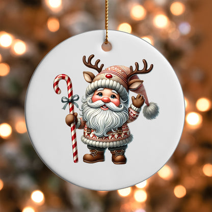 Red Hat Gnome with Candy Cane ornament UV DTF transfer on a round white ornament with a bokeh light background