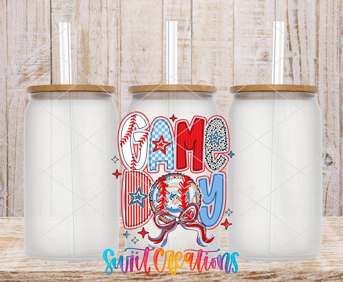 Game Day red, white, and blue baseball UV DTF transfer on frosted glass cans with bamboo lids