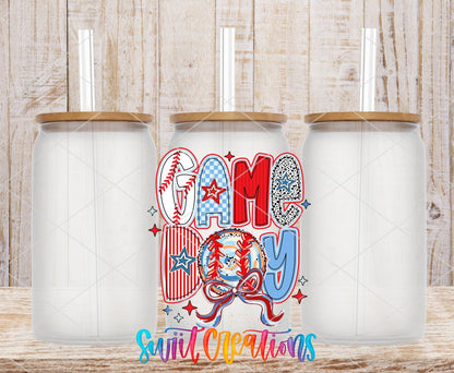Game Day red, white, and blue baseball UV DTF transfer on frosted glass cans with bamboo lids