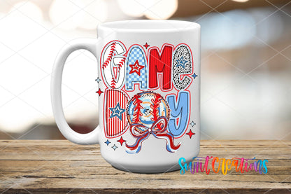 Game Day red, white, and blue baseball UV DTF transfer on a white ceramic coffee mug