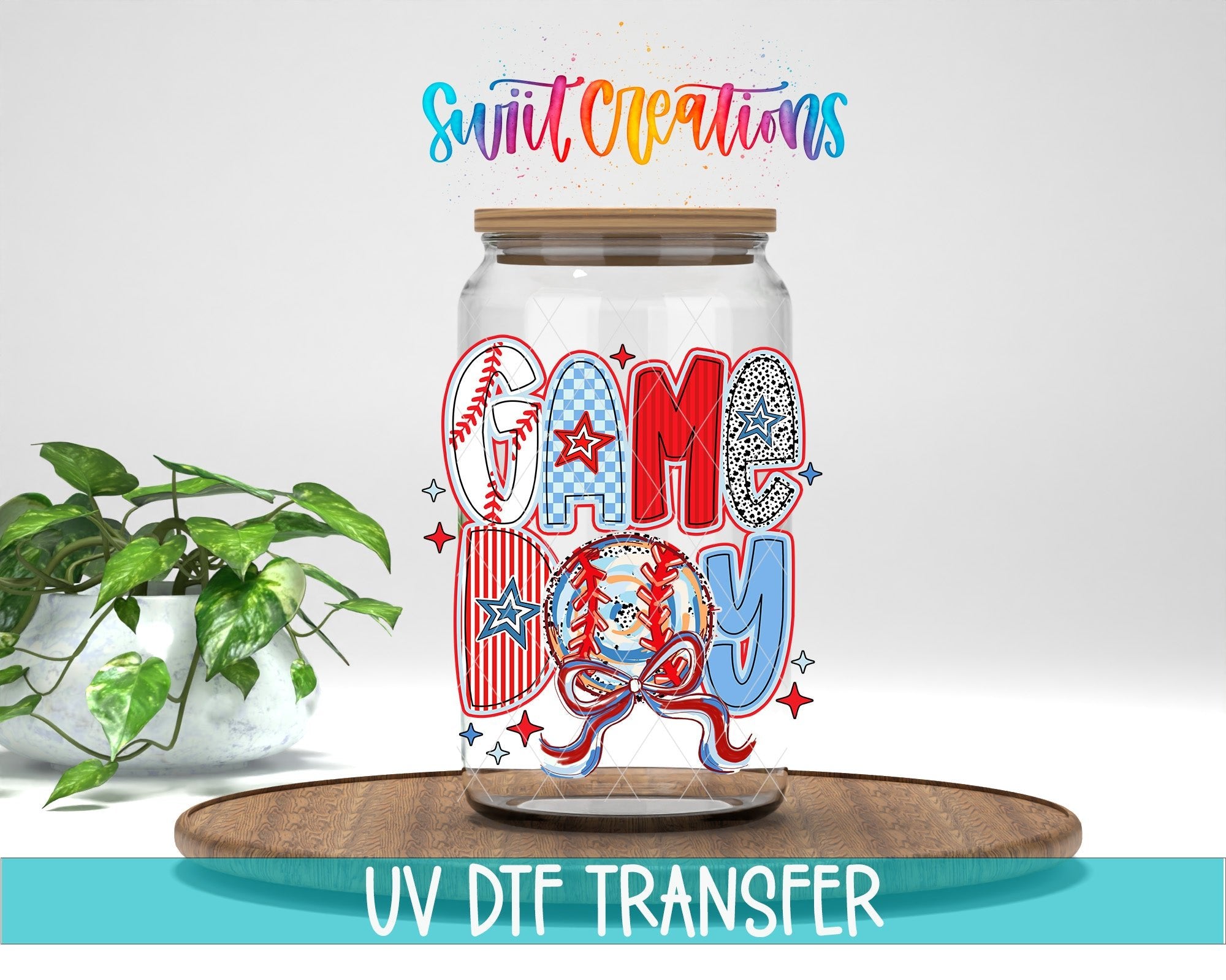Red White and Blue Game Day Baseball UV DTF transfer displayed on a clear jar mockup from Swiit Creations
