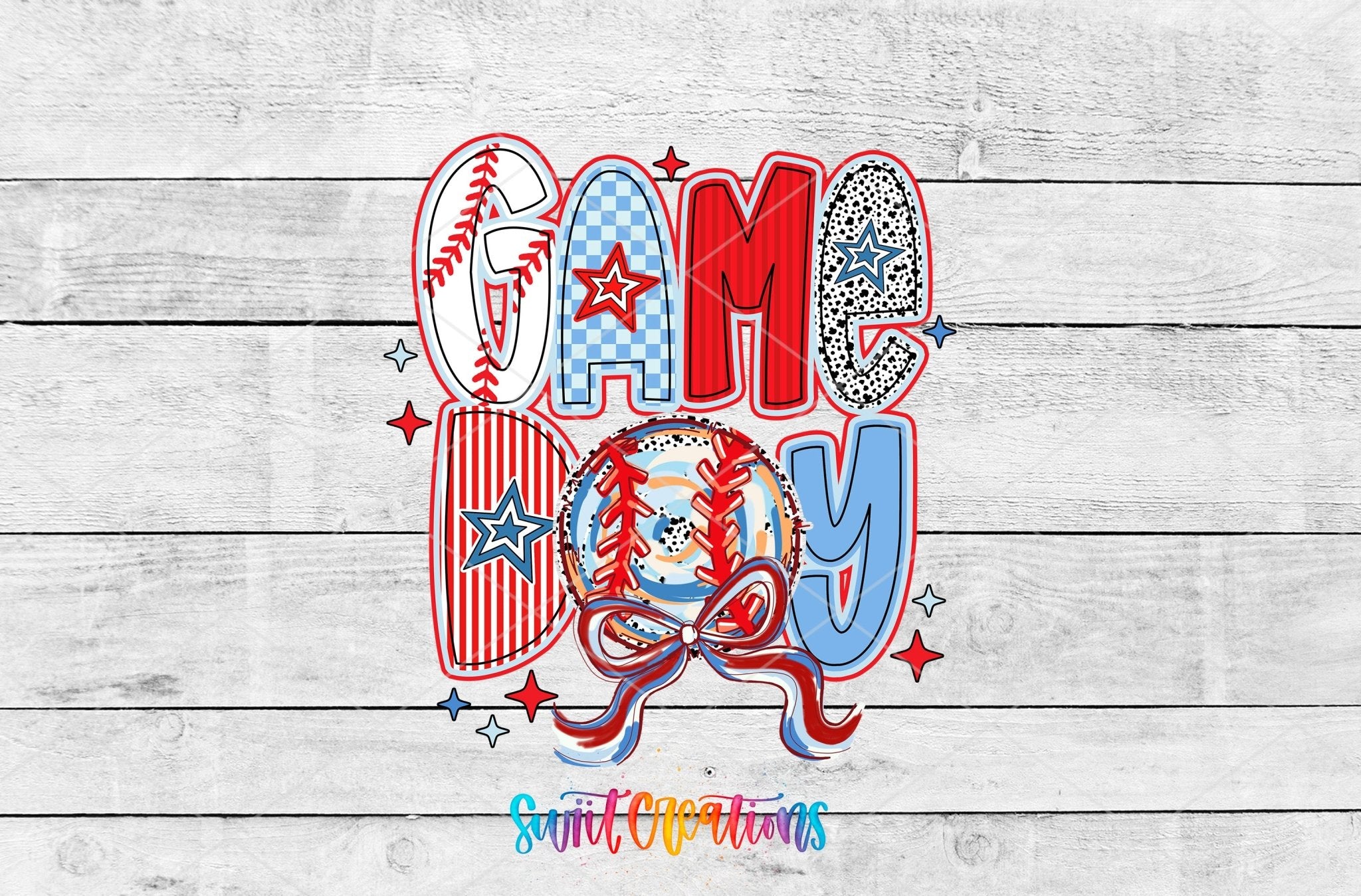 Red White and Blue Game Day Baseball UV DTF transfer shown as a full artwork preview from Swiit Creations