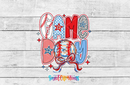 Game Day red, white, and blue baseball UV DTF transfer artwork on a white wood background