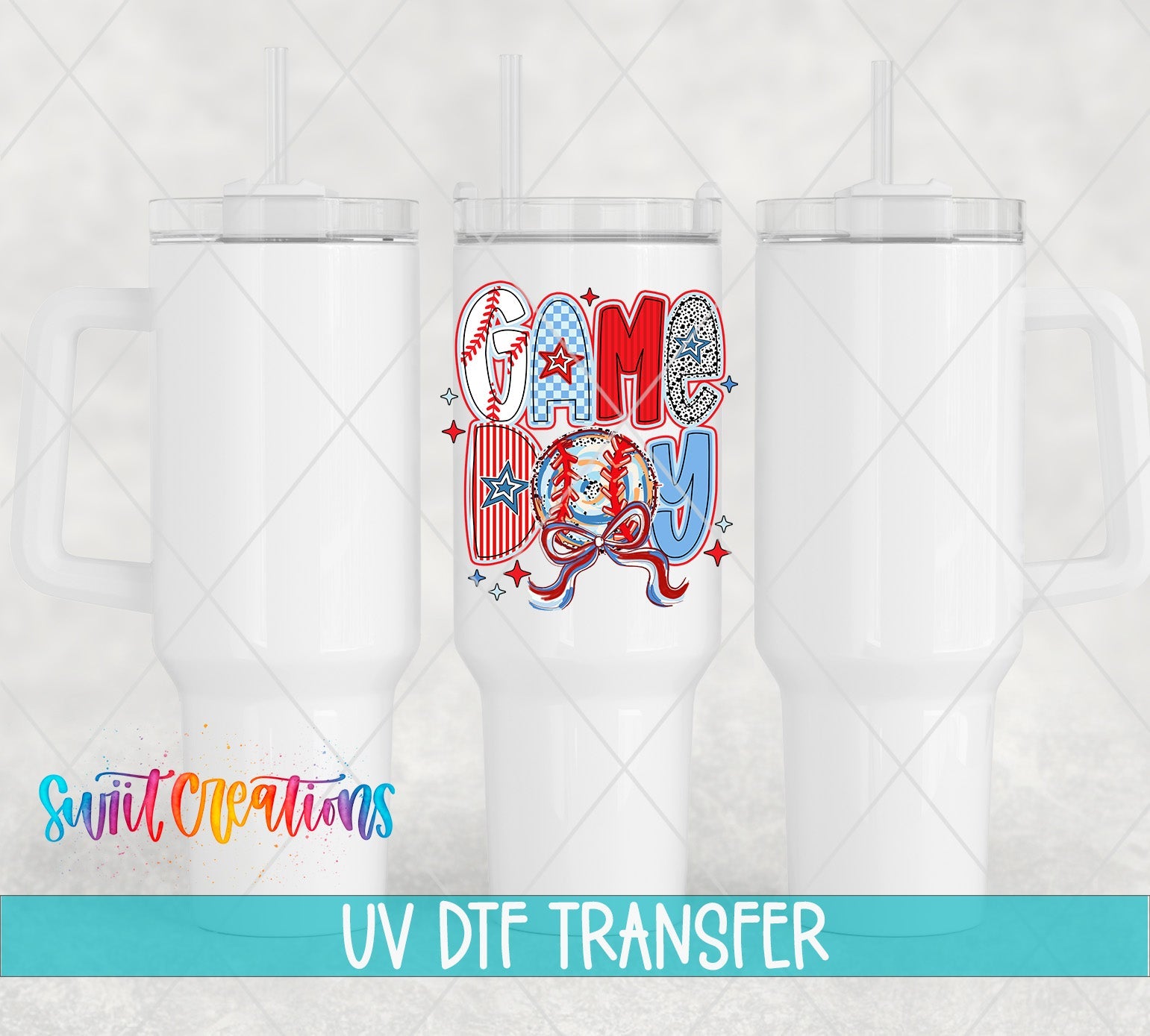 Red White and Blue Game Day Baseball UV DTF transfer applied to a white tumbler set from Swiit Creations