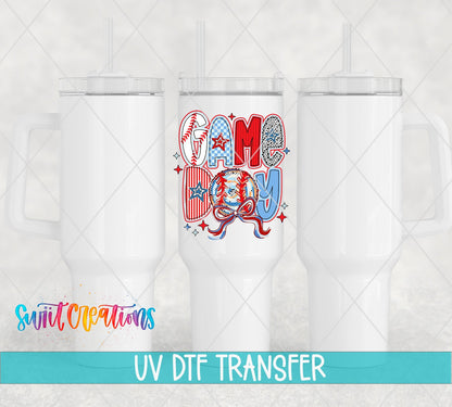 Game Day red, white, and blue baseball UV DTF transfer on white 40 oz tumblers