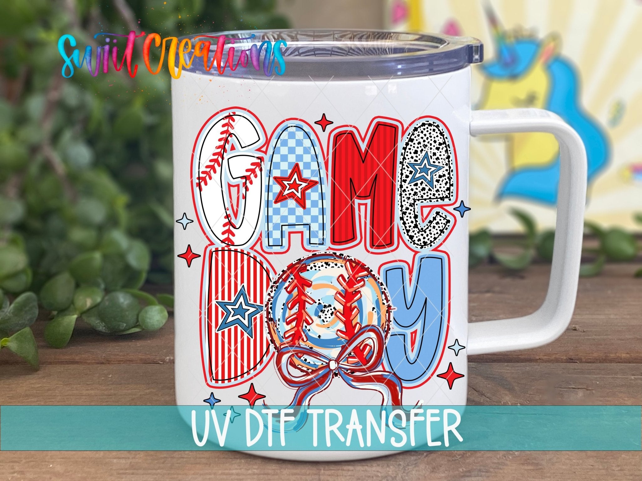 Red White and Blue Game Day Baseball UV DTF transfer displayed on a white coffee mug from Swiit Creations