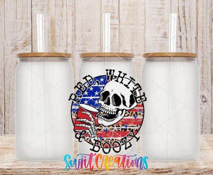 Red White and Boozy UV DTF transfer on frosted glass cans with bamboo lids