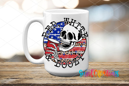 Red White and Boozy UV DTF transfer on a white ceramic coffee mug
