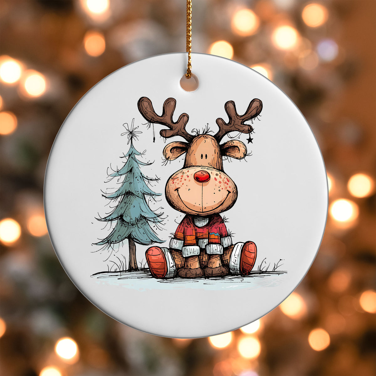 Reindeer by a Pine Tree ornament UV DTF transfer on a round white ornament with a bokeh light background