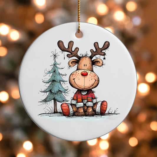 Reindeer by a Pine Tree ornament UV DTF transfer on a round white ornament with a bokeh light background
