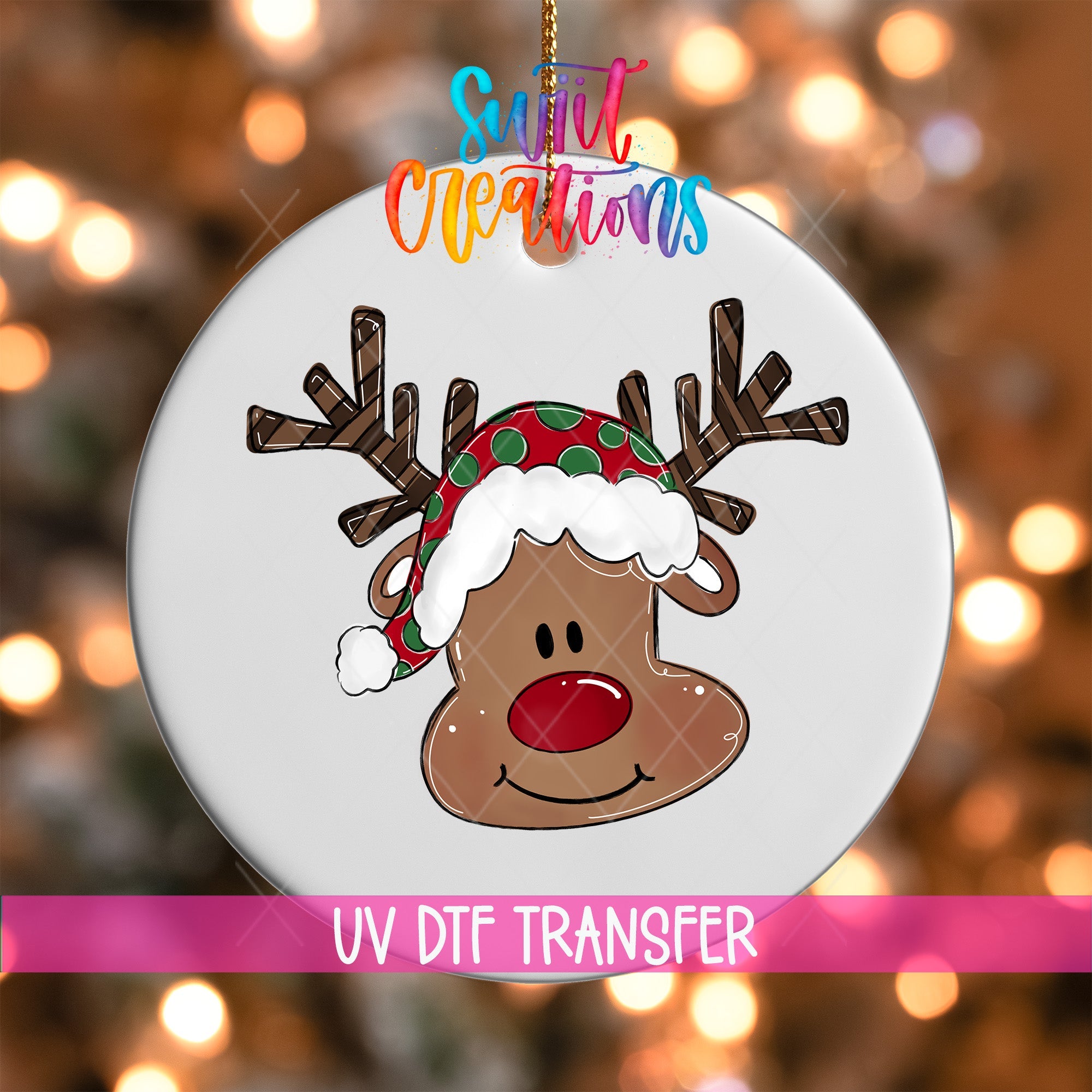 Reindeer Christmas UV DTF Ornament Transfer | Holiday Antler Reindeer Transfer | O-1610 - Swiit Creations