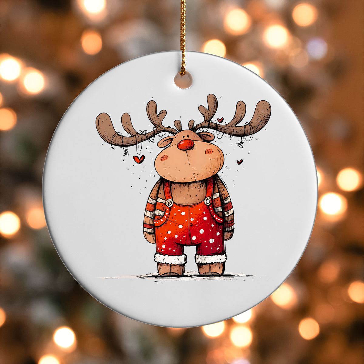 Reindeer in Polka Dot Sweater ornament UV DTF transfer on a round white ornament with a bokeh light background