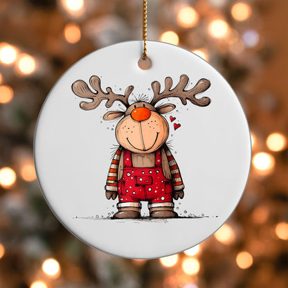 Reindeer in Red Overalls ornament UV DTF transfer on a round white ornament with a bokeh light background