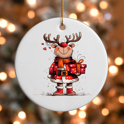 Reindeer in Red Plaid ornament UV DTF transfer on a round white ornament with a bokeh light background