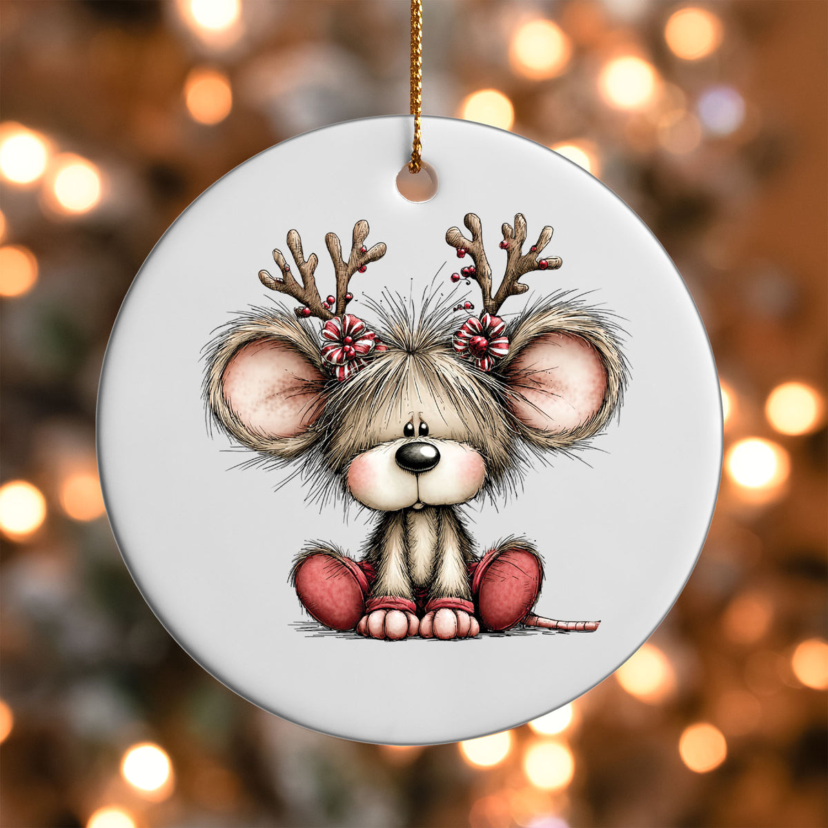 Reindeer Mouse ornament UV DTF transfer on a round white ornament with a bokeh light background