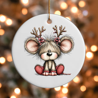 Reindeer Mouse ornament UV DTF transfer on a round white ornament with a bokeh light background
