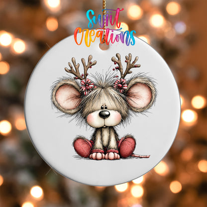 Close-up of the Reindeer Mouse UV DTF transfer on a round white ornament