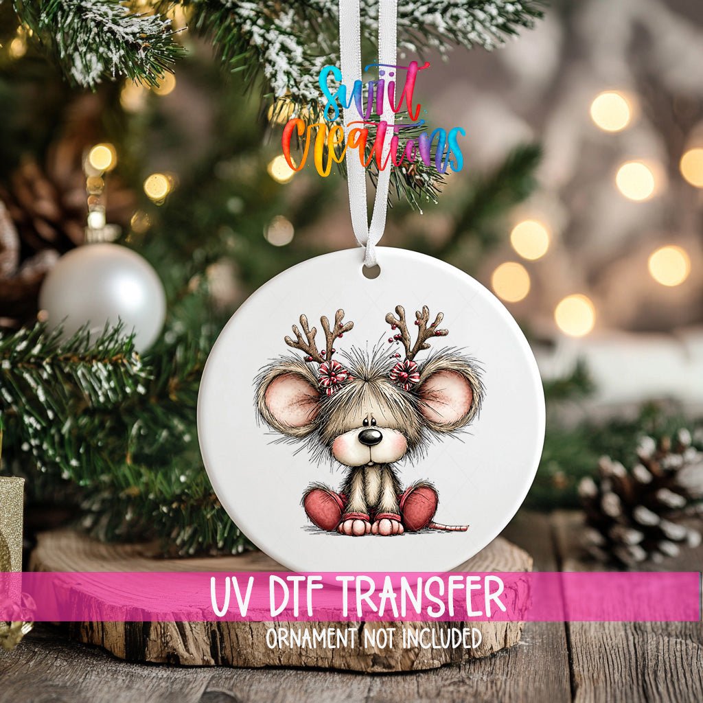Reindeer Mouse Ornament UV DTF Transfer | Peppermint Christmas Mouse with Branch Antlers | O-2161 - Swiit Creations