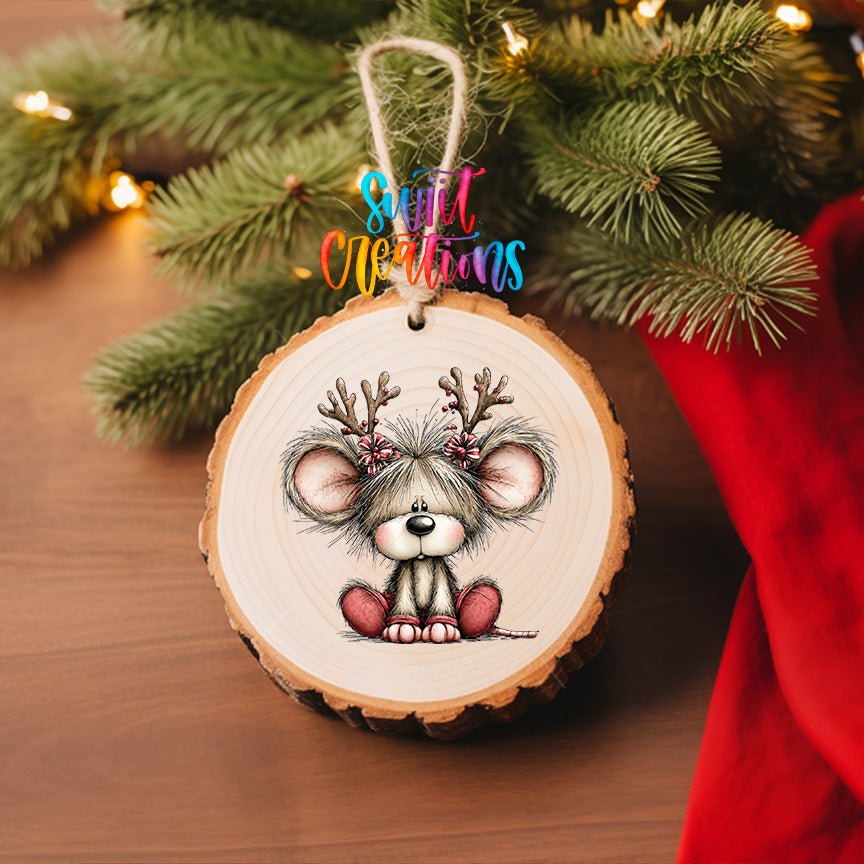 Reindeer Mouse Ornament UV DTF Transfer | Peppermint Christmas Mouse with Branch Antlers | O-2161 - Swiit Creations