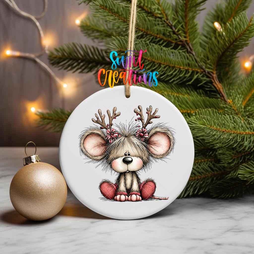 Reindeer Mouse ornament UV DTF transfer on a hanging ornament with pine branches and a gold bauble