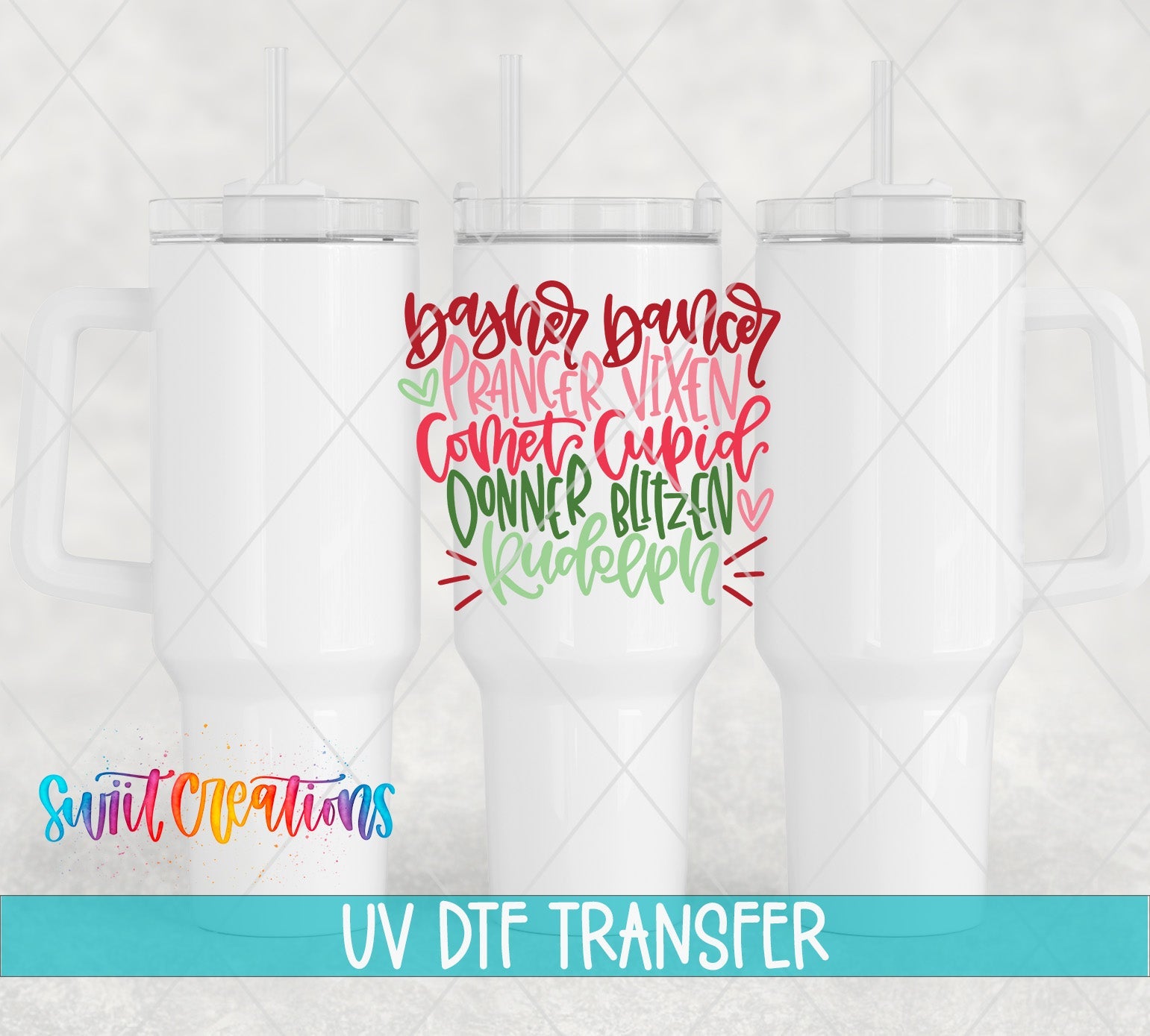 Three white tumblers featuring the Reindeer Names Christmas UV DTF transfer by Swiit Creations