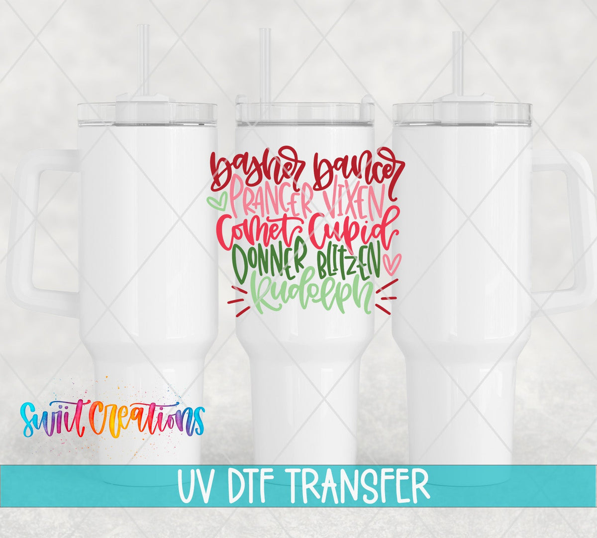 Reindeer Names UV DTF transfer on white 40 oz tumblers