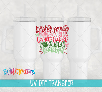 Reindeer Names UV DTF transfer on white 40 oz tumblers